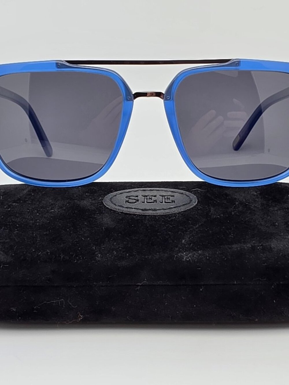See Eyewear 1845 C239 Blue Frame Polarized Grey Lens Aviator Sunglasses w/ Case